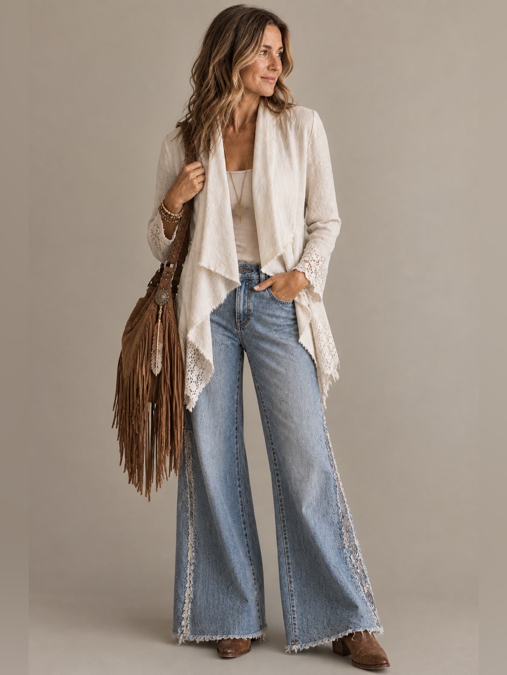 Boho Raw Edge Linen Draped Open Front Blazer Lace Trim High Low Top Small